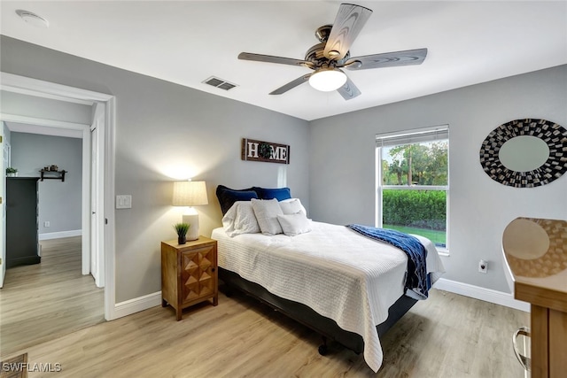 bedroom with ceiling fan and light wood-type flooring