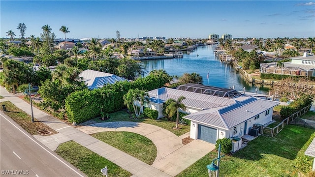 drone / aerial view with a water view