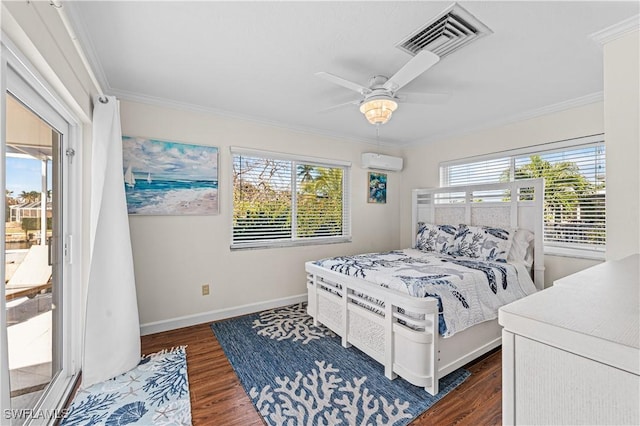 bedroom with ceiling fan, a wall mounted AC, and multiple windows