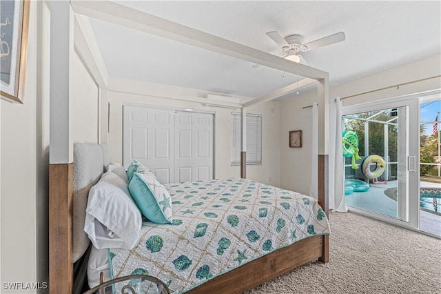 bedroom featuring carpet, ceiling fan, access to exterior, and a closet