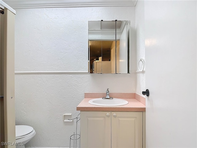 bathroom featuring a textured wall, vanity, and toilet