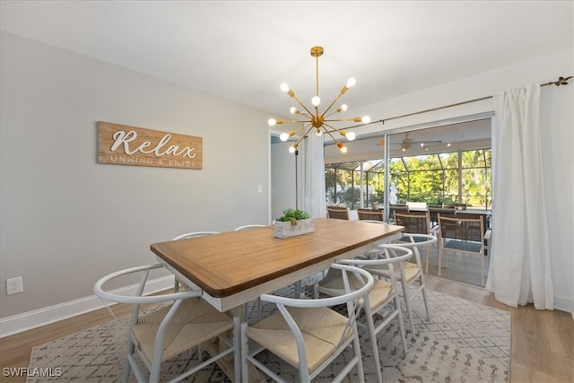 dining room featuring wood-type flooring and a notable chandelier