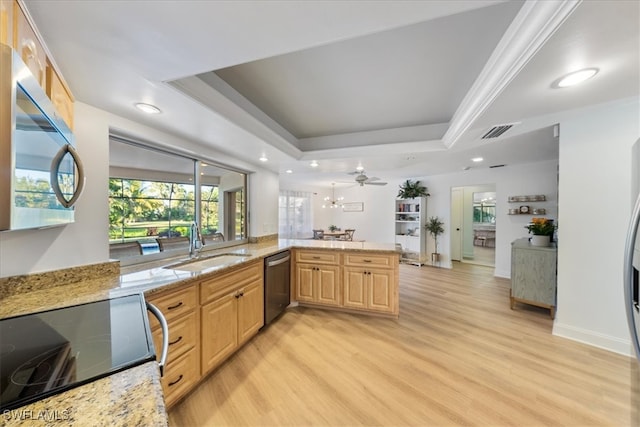 kitchen with a tray ceiling, kitchen peninsula, stainless steel appliances, and light wood-type flooring