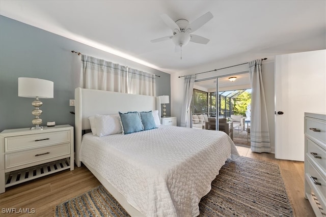 bedroom with ceiling fan, light wood-type flooring, and access to outside