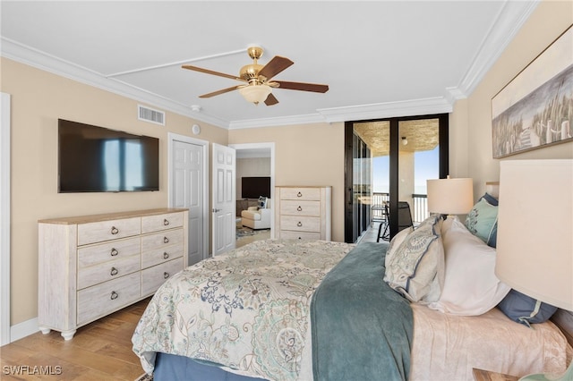 bedroom featuring access to outside, ceiling fan, light hardwood / wood-style flooring, and ornamental molding