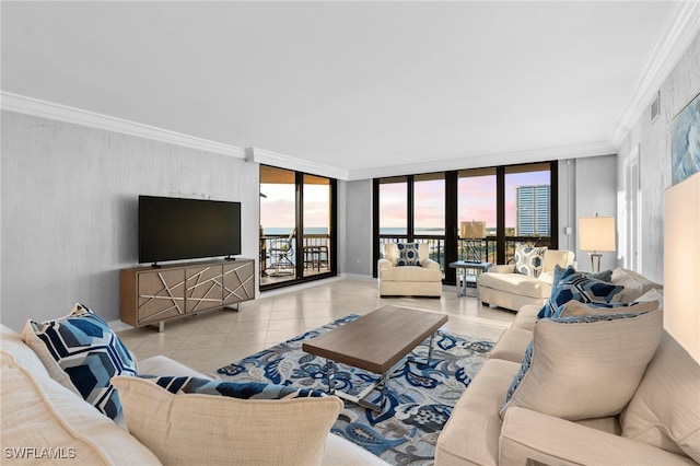 tiled living room featuring expansive windows and ornamental molding