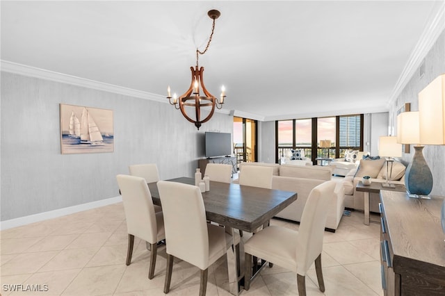 dining area with a chandelier, crown molding, and light tile patterned flooring