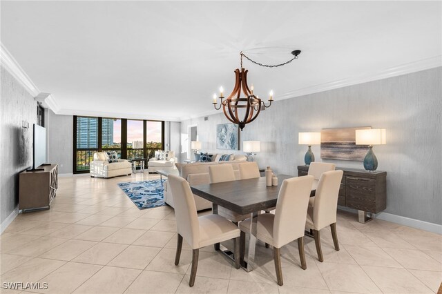 tiled dining area featuring a wall of windows, a chandelier, and ornamental molding