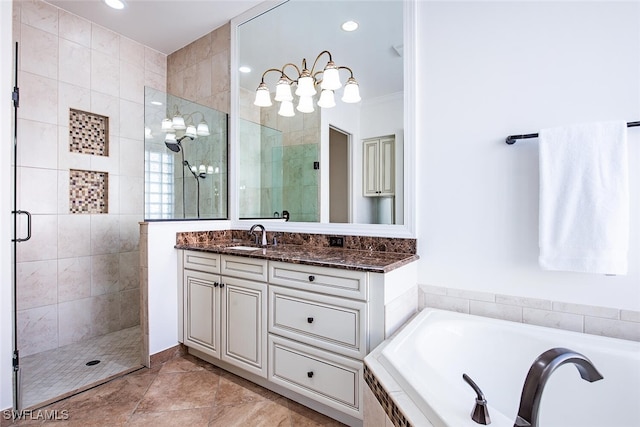 bathroom with separate shower and tub, tile patterned flooring, and vanity