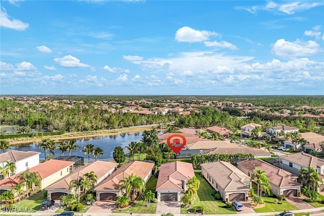 drone / aerial view featuring a water view