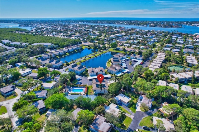 drone / aerial view with a water view