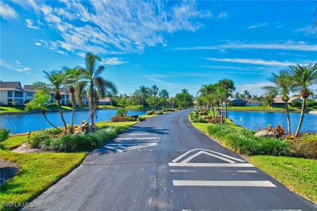 view of road with a water view