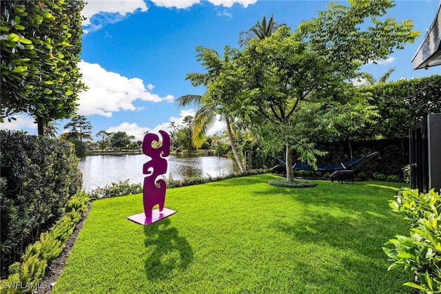 view of yard with a water view