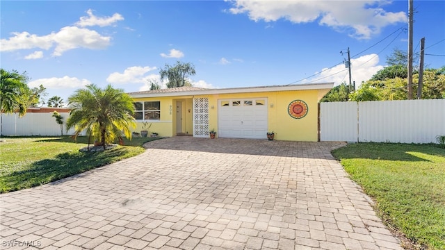 single story home with a garage and a front yard