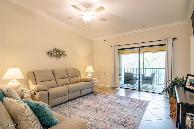 tiled living room with crown molding and ceiling fan