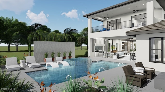 view of pool featuring a lawn, an outdoor hangout area, pool water feature, ceiling fan, and a patio area