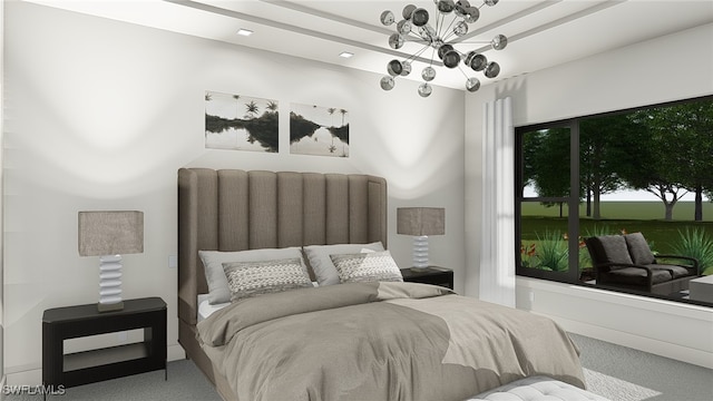 carpeted bedroom featuring an inviting chandelier