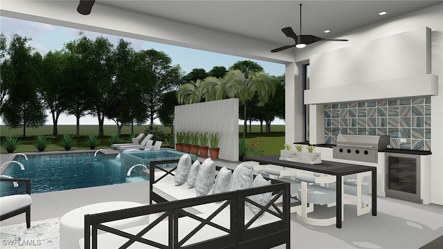 view of pool featuring an outdoor kitchen, area for grilling, pool water feature, ceiling fan, and a patio area