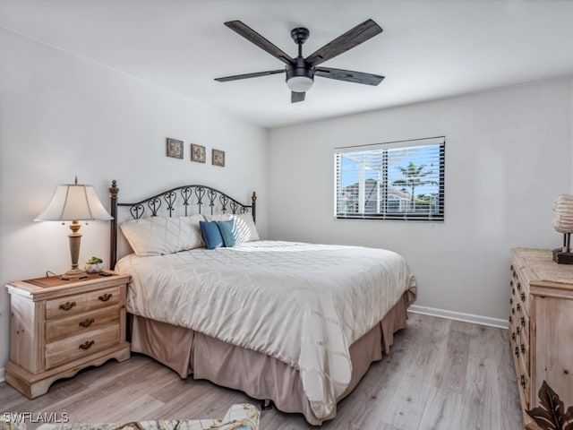 bedroom with ceiling fan and light wood-type flooring