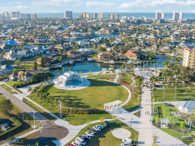 birds eye view of property featuring a water view