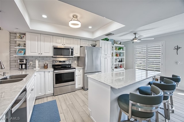 kitchen featuring a raised ceiling, backsplash, stainless steel appliances, and white cabinetry