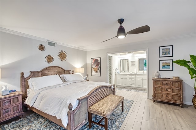 bedroom with ensuite bathroom, ceiling fan, ornamental molding, and light hardwood / wood-style floors