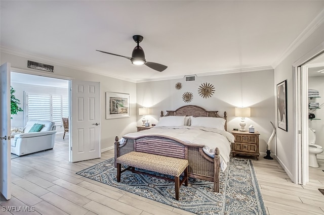 bedroom with ensuite bathroom, light hardwood / wood-style flooring, ceiling fan, and crown molding