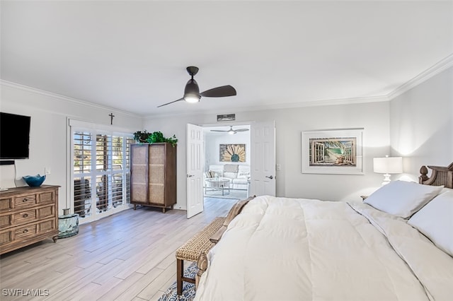 bedroom with access to outside, crown molding, light hardwood / wood-style flooring, and ceiling fan