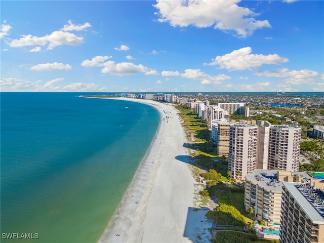 bird's eye view featuring a view of the beach and a water view