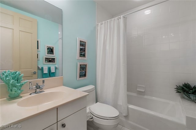 full bathroom with tile patterned flooring, vanity, shower / bath combo, and toilet