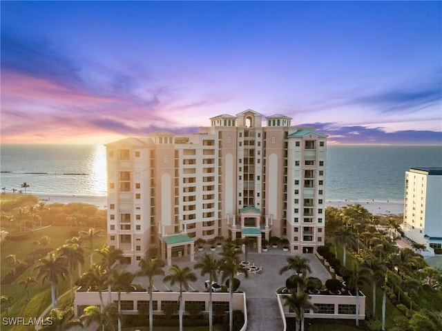 outdoor building at dusk with a water view