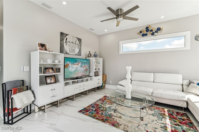 living room featuring ceiling fan