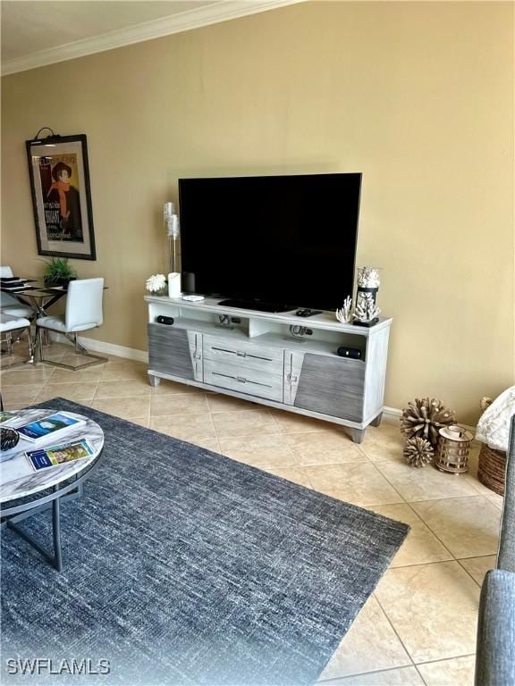 tiled living room featuring crown molding