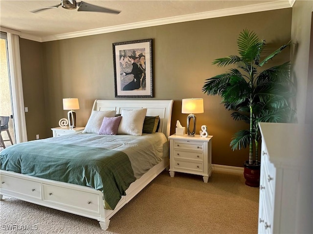 carpeted bedroom with ceiling fan, access to exterior, and crown molding