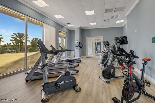 exercise room featuring visible vents, wood finished floors, baseboards, and a drop ceiling