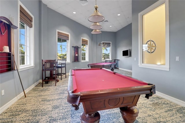 recreation room with recessed lighting, baseboards, billiards, and carpet flooring