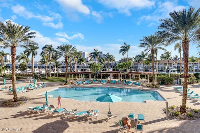 community pool with a patio area