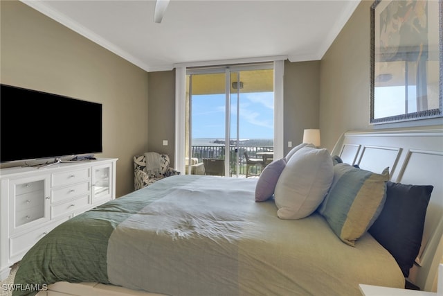 bedroom with expansive windows, ornamental molding, a ceiling fan, and access to outside