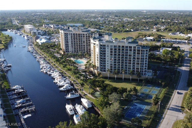 birds eye view of property featuring a water view