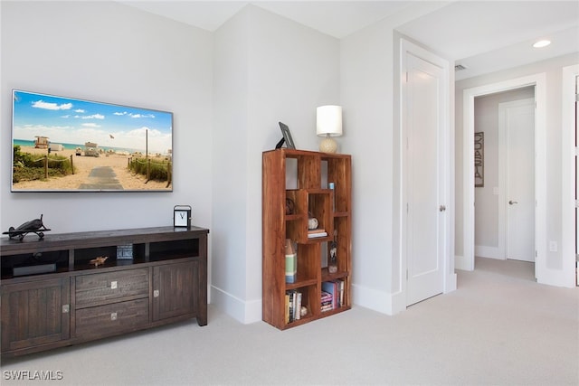 interior space featuring light carpet