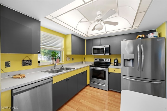 kitchen with gray cabinetry, sink, ceiling fan, appliances with stainless steel finishes, and light hardwood / wood-style floors