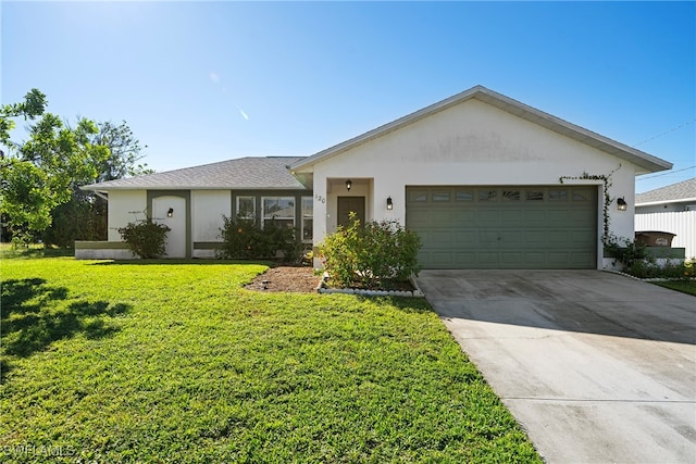 ranch-style house featuring a garage and a front yard