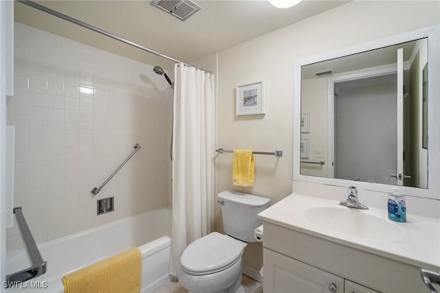 full bathroom with vanity, shower / bath combo, and toilet