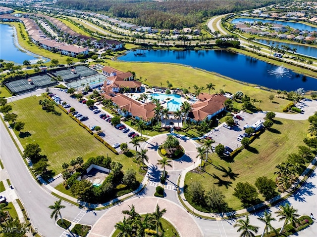 aerial view featuring a water view