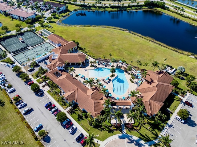 drone / aerial view with a water view