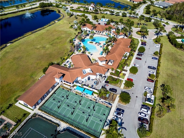 aerial view featuring a water view