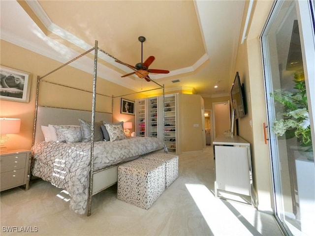 bedroom with access to exterior, ceiling fan, and crown molding