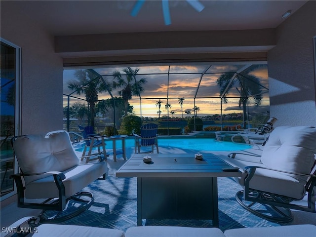 patio terrace at dusk with glass enclosure