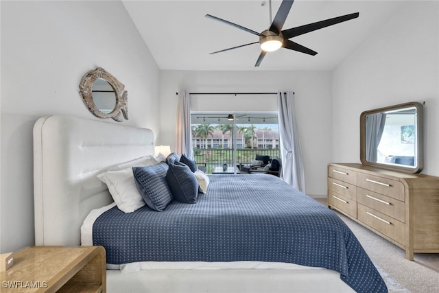 carpeted bedroom with access to exterior, ceiling fan, and lofted ceiling