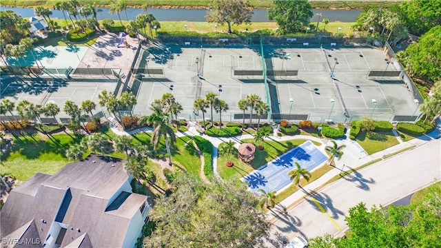 bird's eye view with a water view